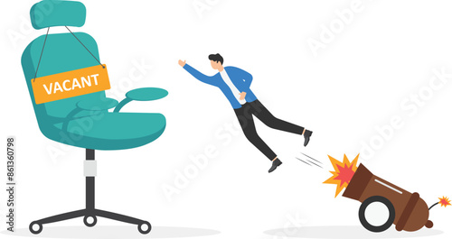 Male employee uses cannon to give career boost. Smart businessman quickly flies into the boss office chair. Promotion at work. Career ladder. Corporate relations. Cannon shot. Flat vector illustration