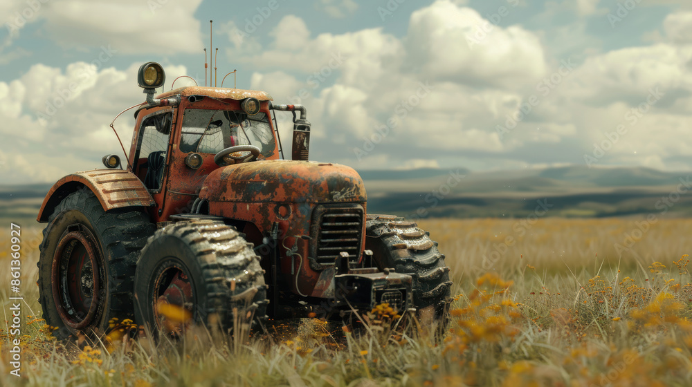 Powerful tractor standing on a field after harvesting wheat under a cloudy sky Powerful tractor standing on a field after harvesting wheat under a cloudy sky