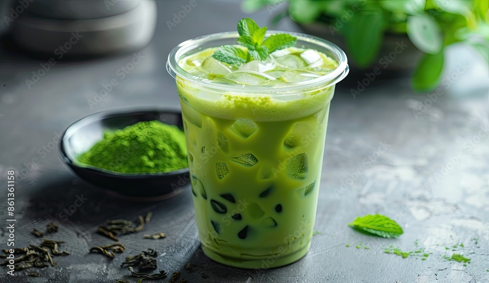 Fototapeta premium Refreshing Iced Matcha Latte with Mint Garnish