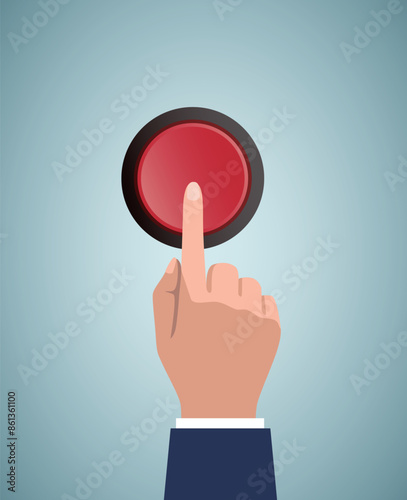 Hand pressing red button. Push finger.  Click button isolated on background. Beginning action and emergency, concept.