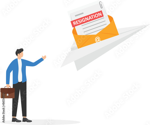 Female employee sending resignation letter to chief. Change of job, unemployment, resign concept. Paper plane with document about dismissal. Worker woman with office tools. flat vector illustration

