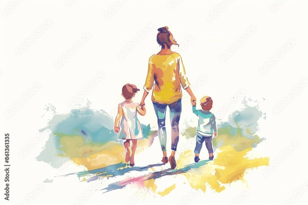 Fototapeta premium Mother walking with two children in colorful background