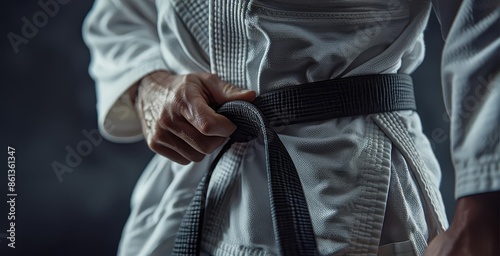 Wallpaper Mural A panoramic close-up of a caucasian mans hand gripping a Brazilian jiu-jitsu black belt, wrapped around his waist, wearing a white kimono gi, isolated against a dark background, photorealistic detail Torontodigital.ca