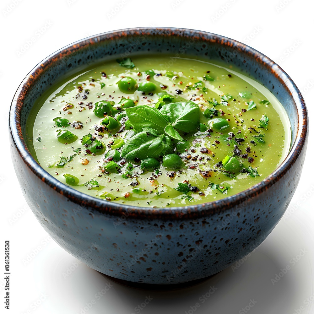 Bowl of green soup with basil leaves isolated on white background with shadow. Green beans soup Bowl of green soup with basil leaves isolated on white background with shadow. Green beans soup