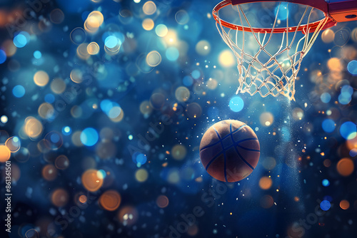 A basketball mid-air as it goes through the hoop during game. The background is filled with vibrant bokeh lights, adding a festive and energetic atmosphere to the scene © Ekaterina