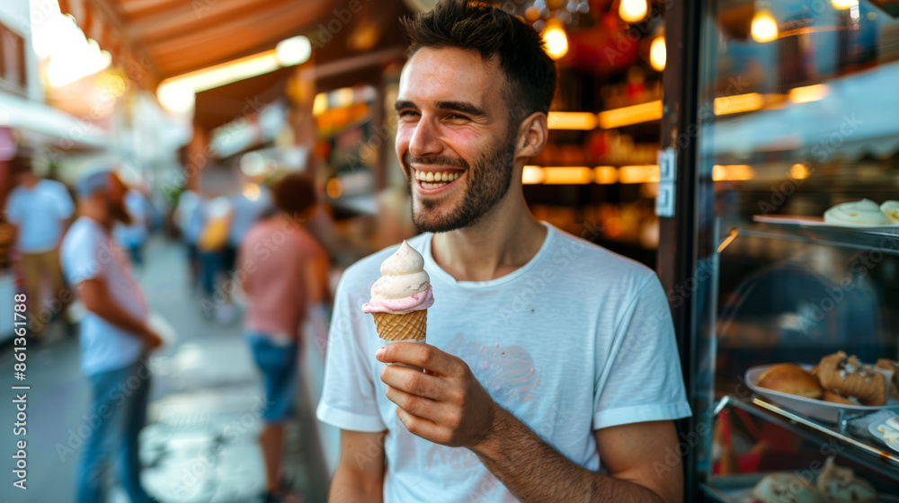 The man is smiling and holding a waffle cone with delicious cold vanilla ice cream. It is surrounded by people, the atmosphere is lively. World Ice Cream Day The man is smiling and holding a waffle cone with delicious cold vanilla ice cream. It is surrounded by people, the atmosphere is lively. World Ice Cream Day
