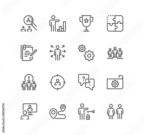 Set of business people and human resources related icons, office, management, collaboration, research, meeting, teamwork and linear variety vectors.	

