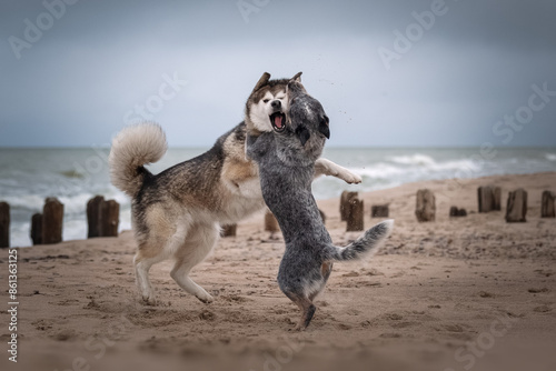 Two dogs playing on the beach