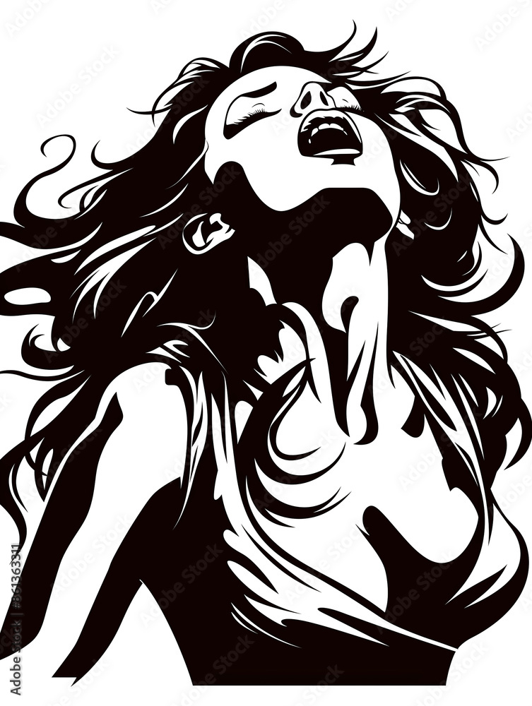 A woman with long hair is shown in a black and white drawing. She is shown with her mouth open, as if she is about to kiss someone. The drawing has a mood of sensuality and desire A woman with long hair is shown in a black and white drawing. She is shown with her mouth open, as if she is about to kiss someone. The drawing has a mood of sensuality and desire