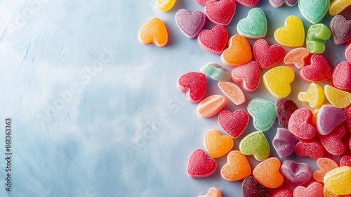 Various colorful heart-shaped candies laid out on a light blue surface, presenting a sweet and visually appealing spread of sugary treats. photo