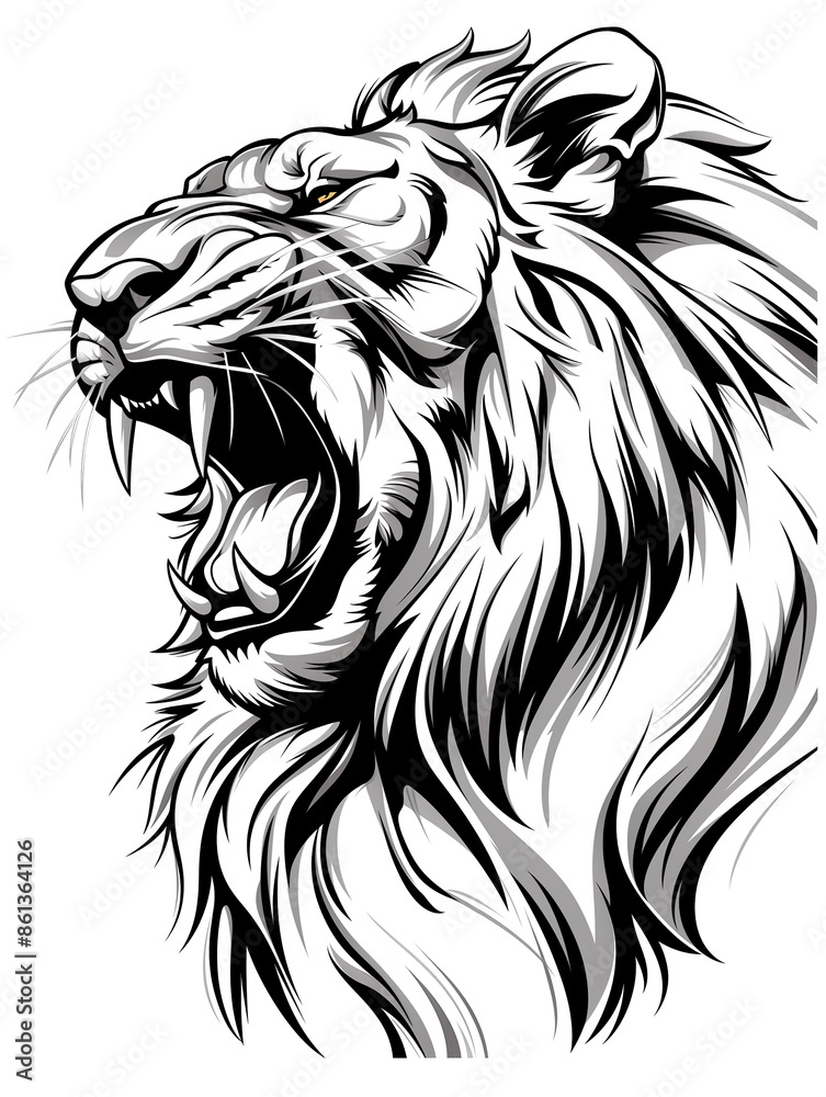 A lion with its mouth wide open and teeth bared