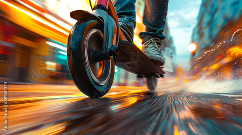 Low-angle view close-up, intricately detailed scooter wheel, dynamic extreme ride, motion blur background, photorealistic digital art, high contrast colors, vibrant and energetic