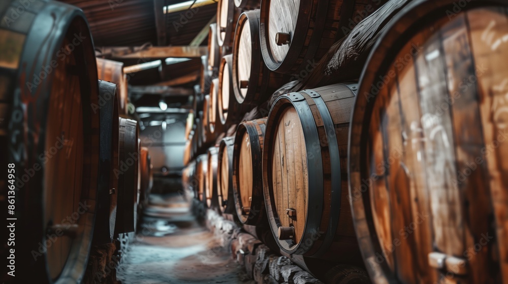 Whiskey bourbon scotch wine barrels in an aging facilit Whiskey bourbon scotch wine barrels in an aging facilit