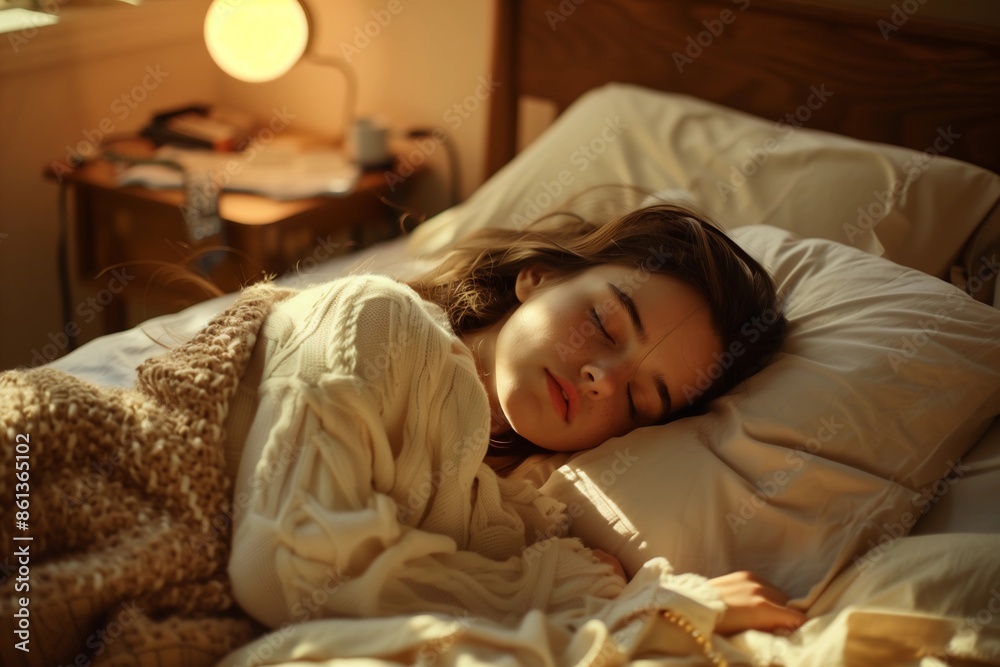 A beautiful woman sleeping in a bed. A beautiful woman sleeping in a bed.