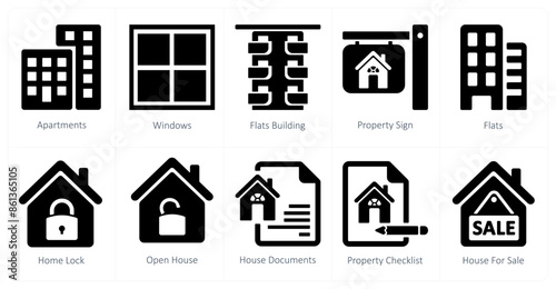 A set of 10 Real Estate icons as apartments, windows, flats buildings