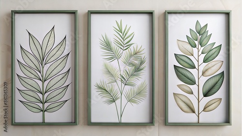 Set of three vertical posters, Minimalist  line leaf ,plant art