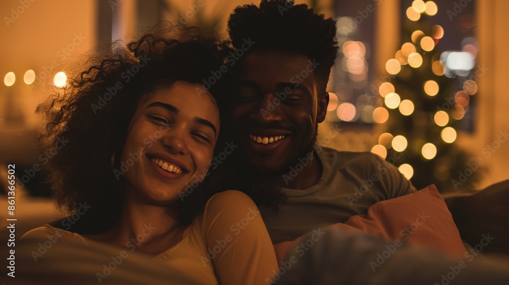 An interracial couple enjoying a quiet evening in their loft, with city lights in the background An interracial couple enjoying a quiet evening in their loft, with city lights in the background