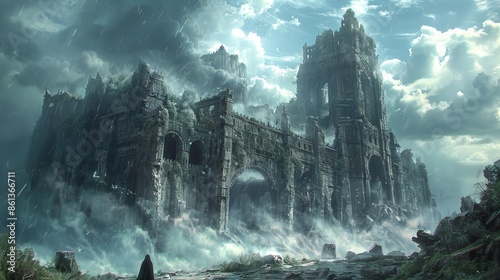 Imaginary illustration featuring an undead ghost king floating on a destroyed throne amidst castle ruin ruins