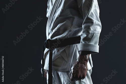 Tilted angle, close-up of a man in a white gi kimono with a black belt, torso crop, clear-edged shadows, isolated dark black background, CG 3D rendering, fine details, dramatic lighting photo