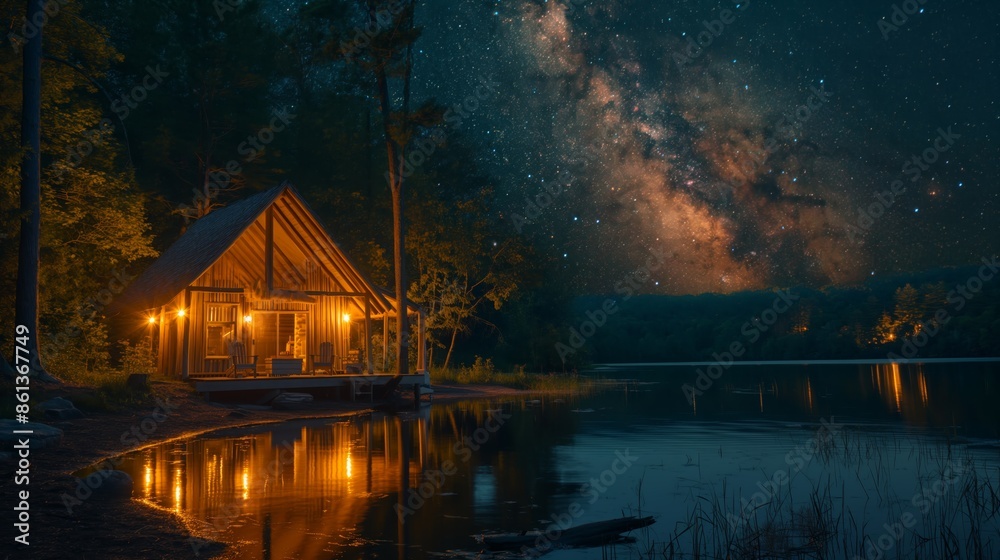 Obraz premium camping in summer time with beautiful milky way at night time, nocturnal night time breathtaking beauty nature scenery