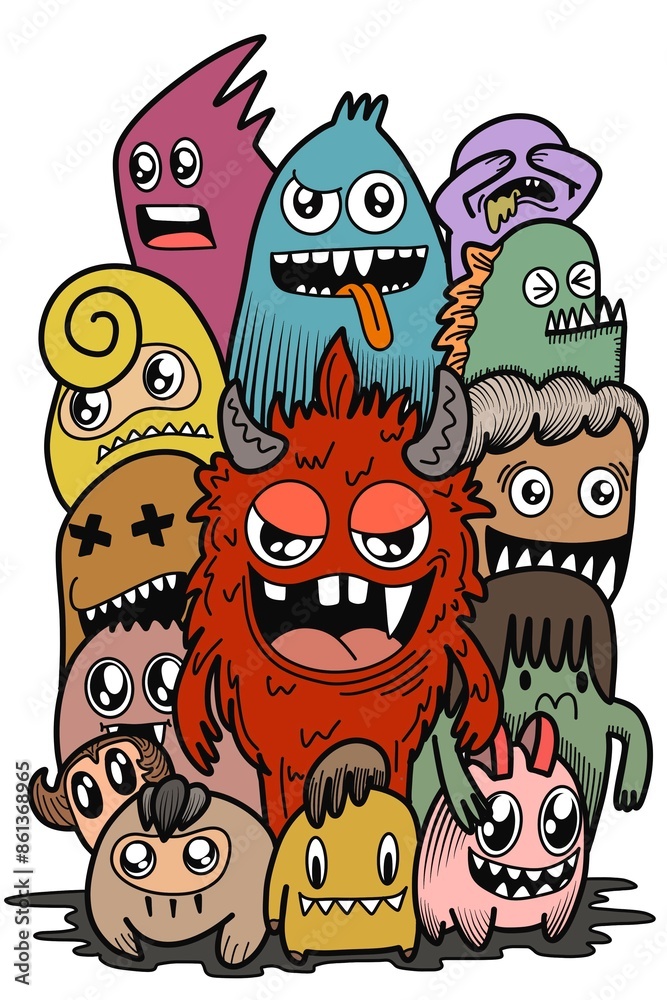 Fototapeta premium Hand-drawn illustrations, monsters doodle, Hand Drawn cartoon monster illustration,Cartoon crowd doodle hand-drawn Doodle style.