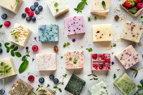 Top view of assorted variety of different handmade soap bars with natural ingredients, herbs, berries on white stone background. Skin care and organic soap making concept, spa cosmetic treatment .