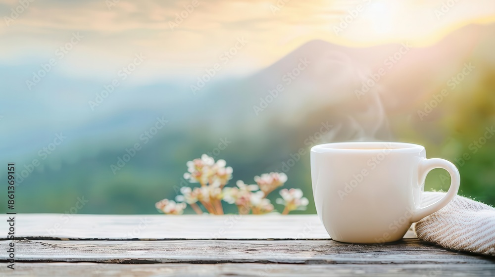 Coffee cup with a scenic mountain view, coffee, serene and peaceful moment Coffee cup with a scenic mountain view, coffee, serene and peaceful moment