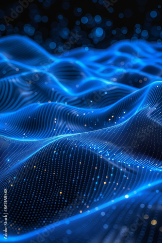 Futuristic Blue Abstract Waves with Sparkling Dots and Light Patterns in a Digital Landscape