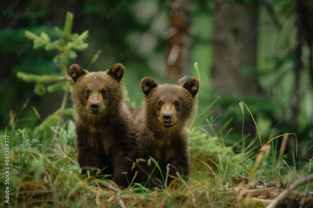 Two brown bear cubs (grizzlies) with one looking back into the camera Two brown bear cubs (grizzlies) with one looking back into the camera