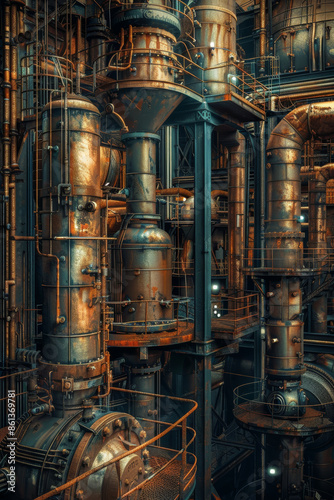 Industrial Factory with Rusty Metallic Pipes and Complex Machinery © smth.design