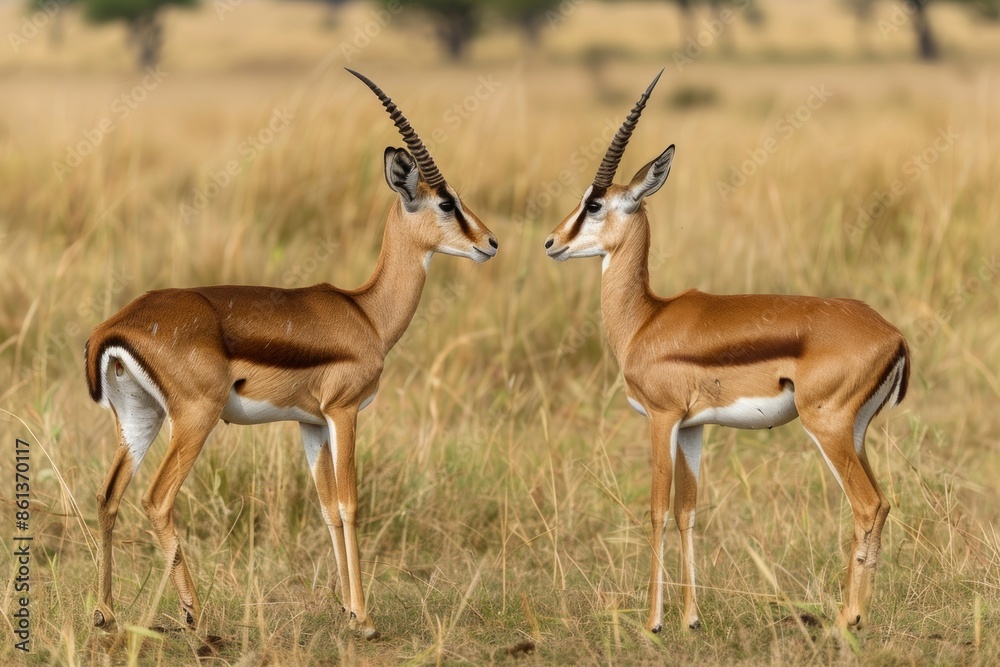 Two male Thomson's Gazelles are preparing to lock horns in the Maasai Mara savanna. Two male Thomson's Gazelles are preparing to lock horns in the Maasai Mara savanna.