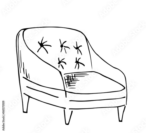 Vintage soft cozy chair. Simple vector ink drawing. Furniture, home interior item. Sketch in ink.