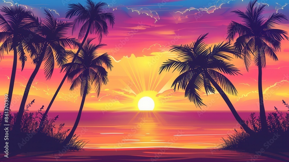 A picturesque sunset over a calm beach, featuring silhouetted palm trees against a vibrant orange, pink, and purple sky. Generative AI