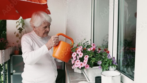 Elderly woman watering her plants at home
 photo