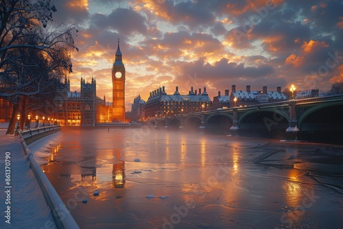 A breathtaking sunset view of Big Ben and the Westminster Bridge reflecting over a partly frozen Thames River, surrounded by the vibrant cityscape during wintertime.