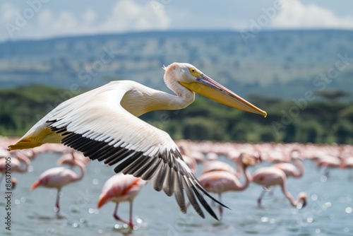 White Pelican in flight over flamingos at lake Nakuru.