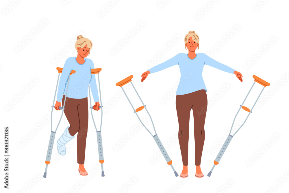 Disabled woman with broken leg throws away crutches after rehabilitation and treatment procedures in clinic. Girl received rehabilitation to restore health of ankle after accident. Disabled woman with broken leg throws away crutches after rehabilitation and treatment procedures in clinic. Girl received rehabilitation to restore health of ankle after accident.