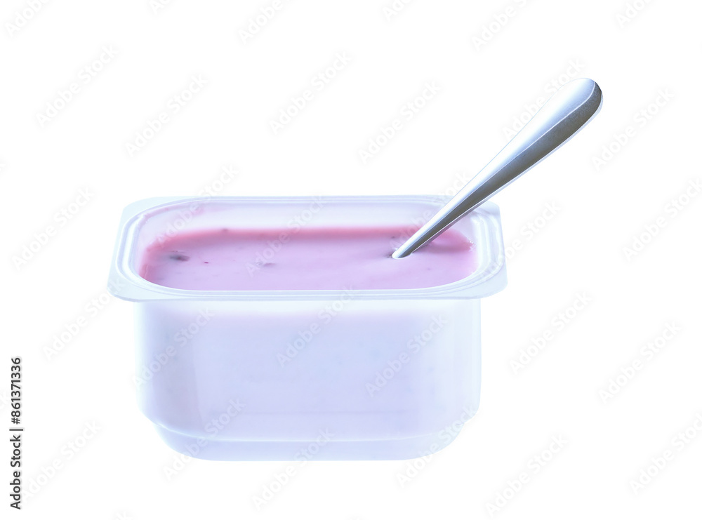 Open packing with blueberry yoghurt in a white plastic cup with a spoon isolated on a white background. Open packing with blueberry yoghurt in a white plastic cup with a spoon isolated on a white background.