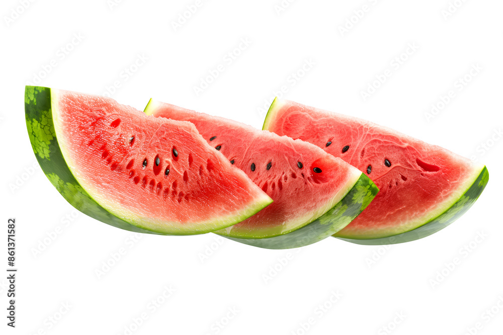 A closeup of fresh and juicy watermelon slices isolated on a clean white background A closeup of fresh and juicy watermelon slices isolated on a clean white background