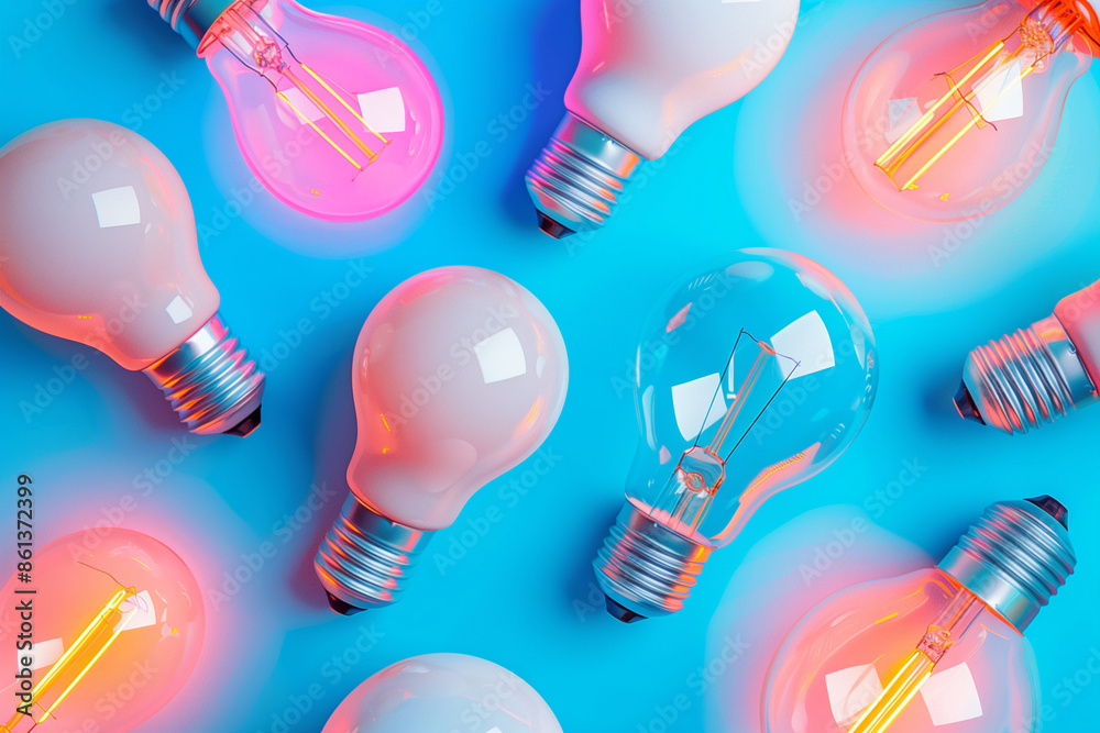 led lamps glowing on blue background. Flat lay. led lamps glowing on blue background. Flat lay.
