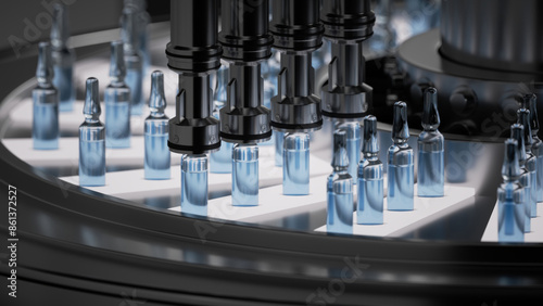 Pharmaceutical production: glass ampoules with blue liquid, moving on an automatic conveyor line. Vaccine against the corona virus. Realistic 3d render illustration. Drug manufacturing process