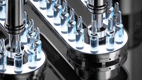 3D render illustration depicting the drug manufacturing process. Pharmaceutical production showing a glass ampoule containing coronavirus vaccine moving along an automatic conveyor line.