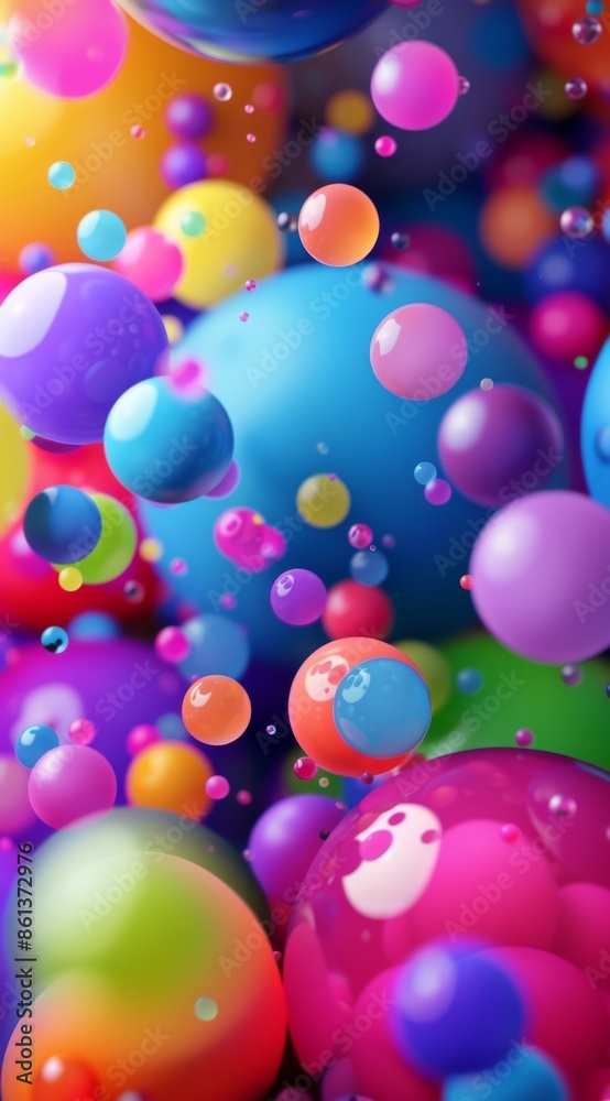 Colorful 3D spheres in vibrant abstract background with bubbles