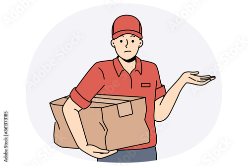 Distressed deliveryman with damaged cardboard box in hands. Unhappy confused courier or messenger with bad parcel order. Delivery service. Vector illustration.