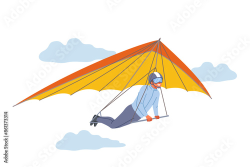 Business man flies on hang glider in search of new opportunities for developing company and increasing sales profits. Guy uses hang glider enjoying opportunity to look at earth from bird eye view