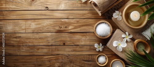 Spa elements displayed on a wooden background, creating an attractive copy space image.