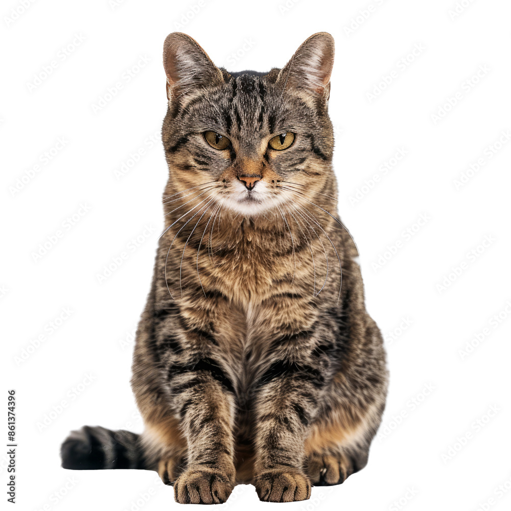 Gray tabby cat sitting and looking at the camera, isolated on white background Gray tabby cat sitting and looking at the camera, isolated on white background