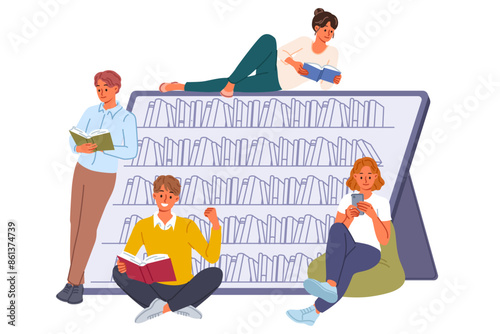 Students visiting electronic library read books using mobile gadgets and apps with digital literature. Guys and girls with books gain knowledge or prepare for exam using textbooks or encyclopedias