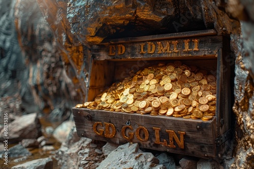 An overflowing treasure chest brimming with gold coins is set against the rugged, dark confines of a mysterious cave, symbolizing hidden fortune and adventure.