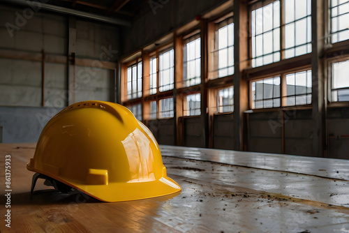 Helmet on the table, work background, Labor Day ai generated. photo